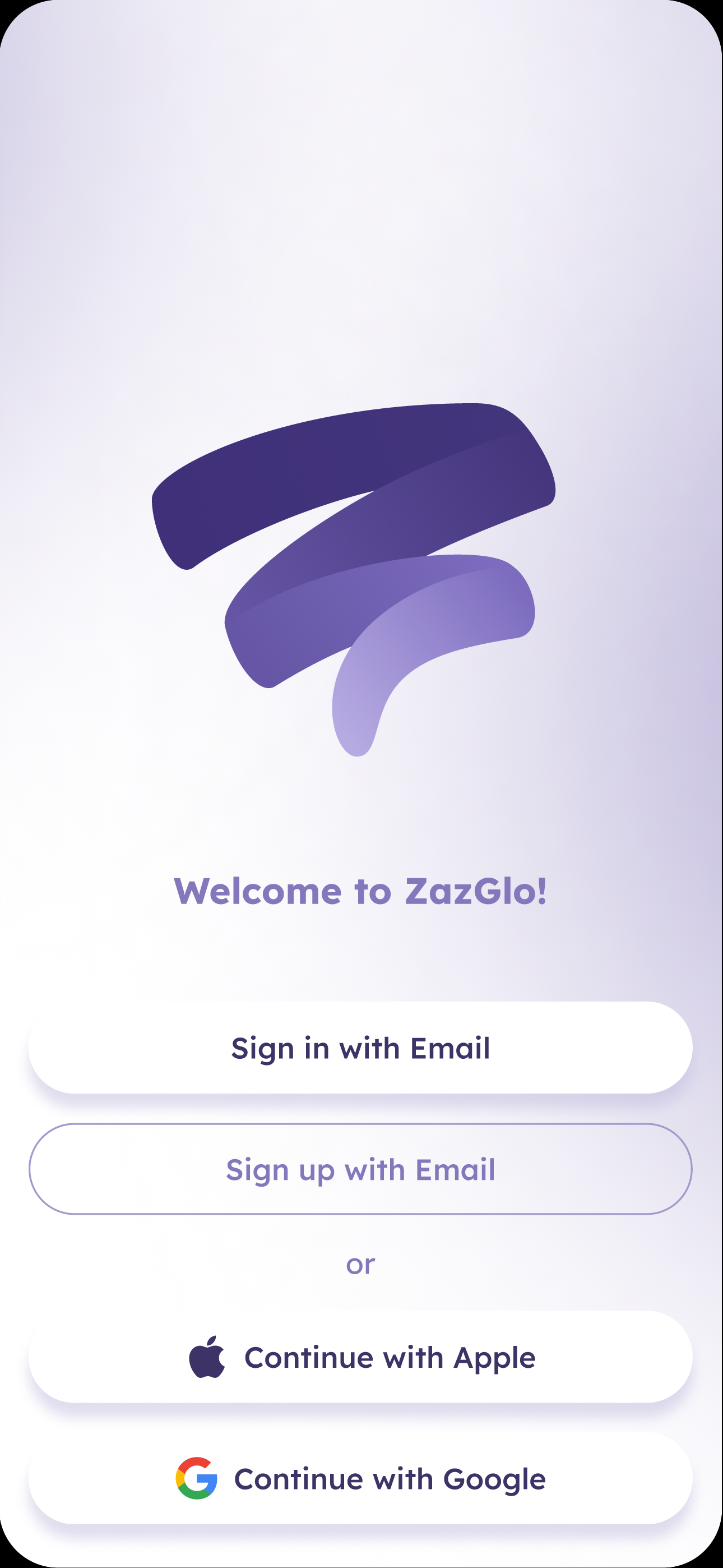 ZazGlo app welcome screen